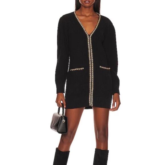 Lovers + Friends Norina Cardigan Dress Black Knit Gold Chain Trim Sweater Mini - Picture 1 of 9
